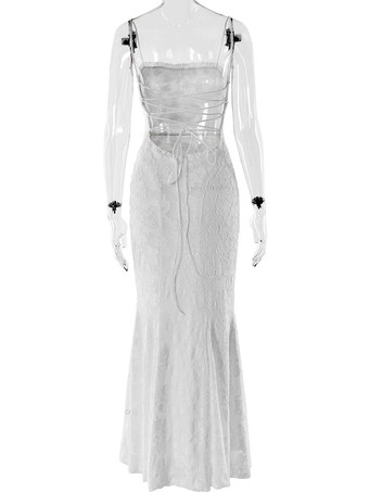 ホワイトボディコンマキシドレス、レースアップバック、バーンアウトレースマーメイドストラップドレス、レディース2025