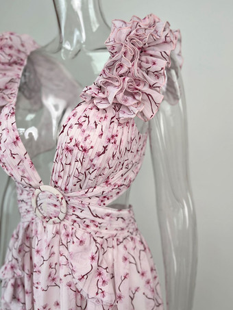 流れるようなフラワードレス プランジ ハイスリット バックレス マキシ ボヘミアン ドレス