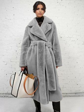 ライトグレー ロングライン フックスファーコート ノッチラペル ベルト付き 環境に優しい冬用ジャケット 2025