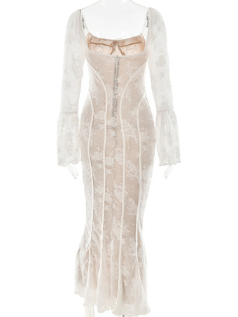 透け感のあるレースのマキシドレス 長袖 スクエアネック マーメイド ボディコン パーティードレス レディース 2025