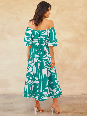 花柄ドレス オフショルダー パフスリーブ カジュアル サマー ミディドレス