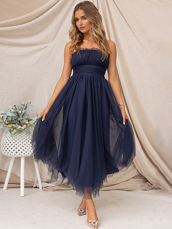 チュール ドレス ストラップレス プリーツ オフショルダー レイヤード プロム ミディドレス