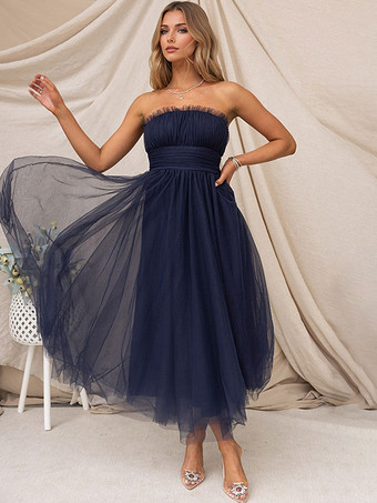 チュール ドレス ストラップレス プリーツ オフショルダー レイヤード プロム ミディドレス