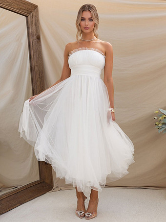 チュール ドレス ストラップレス プリーツ オフショルダー レイヤード プロム ミディドレス