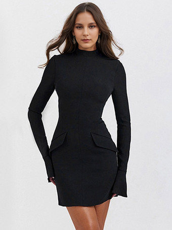 ブラック ボディコンドレス ラウンドネック フレアスリーブ ポケット パーティー ペンシルドレス