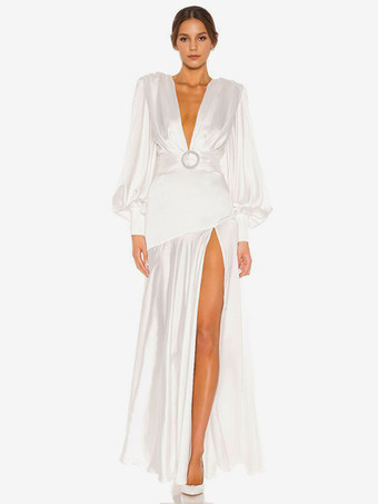 マキシ パーティー ドレス ホワイト V ネック 誕生日 長袖 ハイスリット プロム ドレス