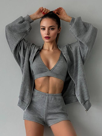 グレイレディース フード付きジャケット、ノースリーブタンクトップ、ショートパンツ 3点セット 春カジュアルコーデ 2025