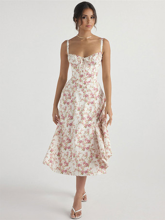 花柄ドレス ミディドレス ドレス 花柄 ハイスリット ストラップネック ノースリーブ コテージコア 夏