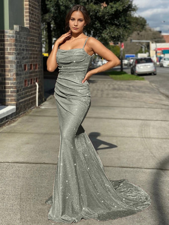 シルバーグレー誕生日パーティードレス ブルー ストラップネック ノースリーブ バックレス プロム ロング アクアティックドレス