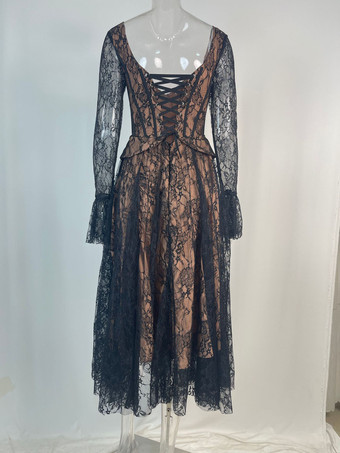 Robe en dentelle vintage décolleté en cœur manches évasées fête d'anniversaire robe mi-longue trapèze pour femme 2026