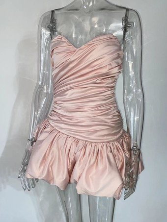 ソフトピンクのドレープミニドレス スウィートハートカラー ストラップレス バースデーパーティードレス レディース 2025