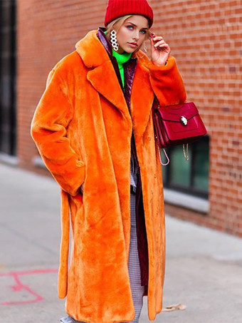 オレンジロングライン フックスファーコート ノッチラペル ベルト付き 環境に優しい冬用ジャケット 2025