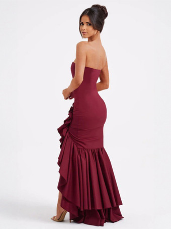 ワインレッド のプロムドレス オフショルダー フリル アシンメトリー エレガントなマキシドレス