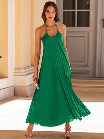 Grün Boho-Kleid mit Neckholder offenem Rücken und Rüschen lässige Sommerkleider in Volltonfarbe