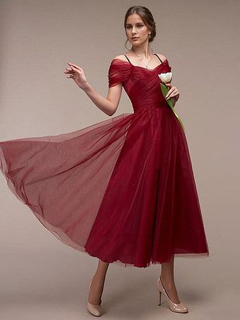 ワインレッド 誕生日パーティードレス レースアップ スイート 半袖 プロム ミディドレス ワインレッド