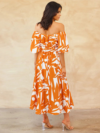 花柄ドレス オフショルダー パフスリーブ カジュアル サマー ミディドレス