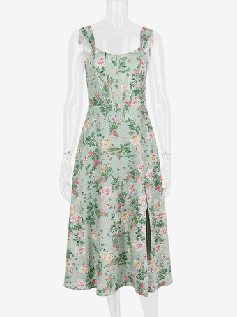 コルセットドレス 花柄 ワイドストラップ バックレス レースアップ スリット セクシー パーティー ミディドレス