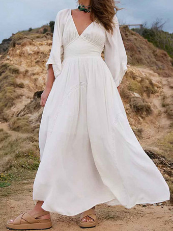 ホワイト ボヘミアンドレス プリーツ Vネック 七分袖 ビーチ マキシドレス