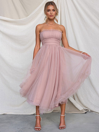 チュール ドレス ストラップレス プリーツ オフショルダー レイヤード プロム ミディドレス