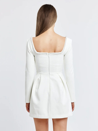 ブラック ミニドレス スクエアネック 長袖 コントラストトリム 卒業式ドレス