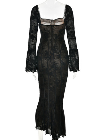 透け感のあるレースのマキシドレス 長袖 スクエアネック マーメイド ボディコン パーティードレス レディース 2025