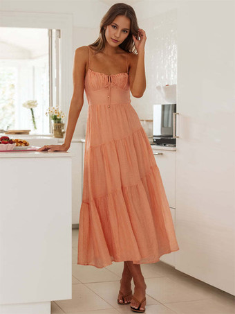 オレンジボヘミアンドレス カットアウト ノースリーブ アシンメトリー コテージコア サマー ミディドレス