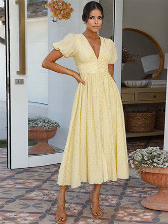 ベージュバターイエローのサンドレス、プランジパフスリーブ、カジュアルサマーマキシドレス 2025