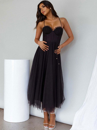 ブラック Corest ミディドレス スパゲッティストラップ シャーリング レースアップ チュールスカートドレス