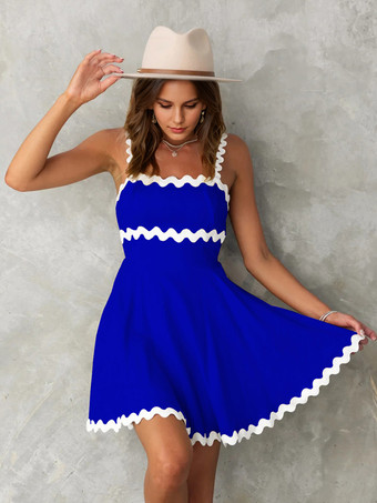 ブルー ツートンカラーのドレス ノースリーブ ストレッチ セクシー サマー ミニドレス