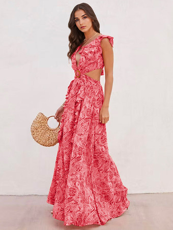 花柄マキシドレス レイヤードフリル Vネック ノースリーブ バックレス フロントスリット セクシーな夏用フォークロアドレス