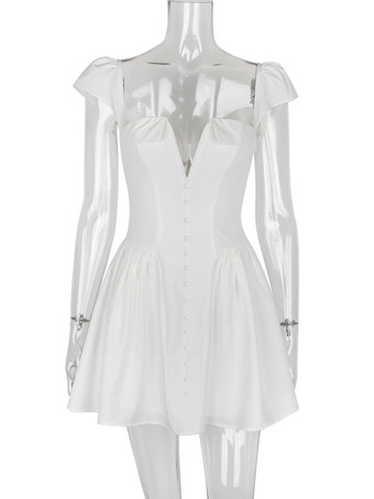 White Mini Dress Cap Sleeve Square Collar Birthday Party Sexy A-line Pleated Dress For Women 2025