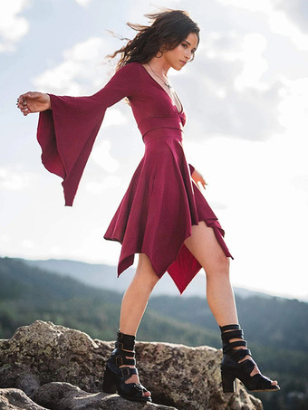 レトロ フレア ドレス V ネック ベルスリーブ プリーツ イレギュラー ドレス