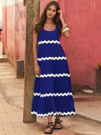 ブルー ノースリーブ ドレス スクープ ネック ツートンカラー マキシ チュニック ドレス