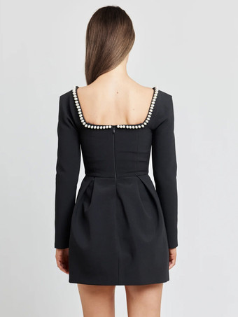 ブラック ミニドレス スクエアネック 長袖 コントラストトリム 卒業式ドレス