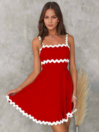 レッド ツートンカラーのドレス ノースリーブ ストレッチ セクシー サマー ミニドレス