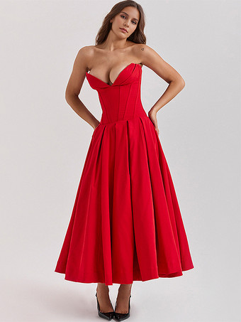レッド プリンセスラインドレス プランジボディス フルサークルスカート プロムミディドレス