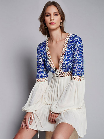 ボヘミアンドレスロングビショップスリーブディープVネック刺繍ボヘミアンジプシービーチバケーションホワイトコットン春夏ショートスケータードレス女性用