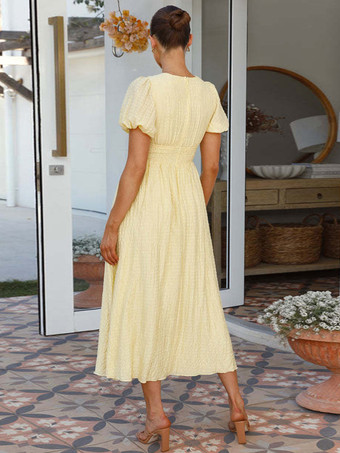 バターイエローのサンドレス、プランジパフスリーブ、カジュアルサマーマキシドレス 2025