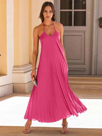 RosarotBoho-Kleid mit Neckholder offenem Rücken und Rüschen lässige Sommerkleider in Volltonfarbe