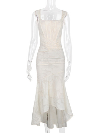 フローラル マキシドレス スクエアカラー ノースリーブ マーメイド プリーツ パーティードレス レディース 2025