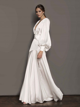 マキシ パーティー ドレス ホワイト V ネック 誕生日 長袖 ハイスリット プロム ドレス