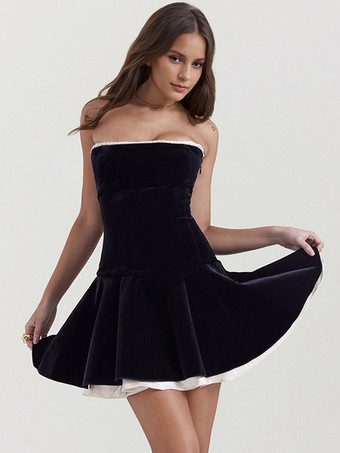 ミニペプラムドレスオフショルダーレースアップバックコントラストショートドレス