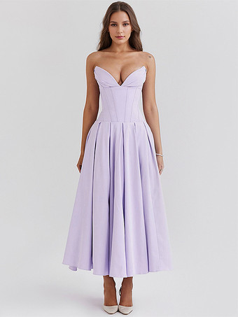 ライラックカラープリンセスラインドレス プランジボディス フルサークルスカート プロムミディドレス