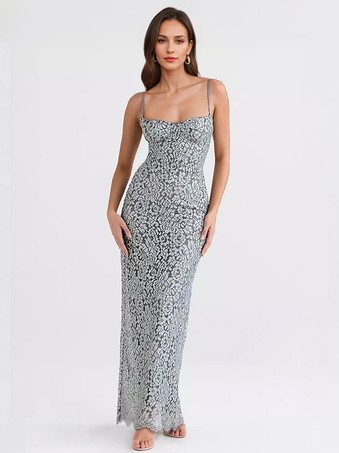 シルバー レース ボディコン ロングドレス スウィートハートネックライン スパゲッティストラップ セクシー マキシドレス レディース 2025