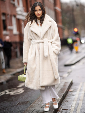 ロングライン フックスファーコート ノッチラペル ベルト付き 環境に優しい冬用ジャケット 2025