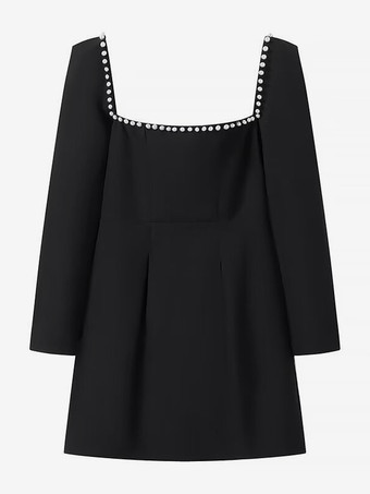 ブラック ミニドレス スクエアネック 長袖 コントラストトリム 卒業式ドレス