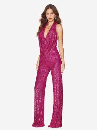 ローズレッドスパンコール ジャンプスーツ セミフォーマル ノースリーブ クラブ ナイトウェア 女性用