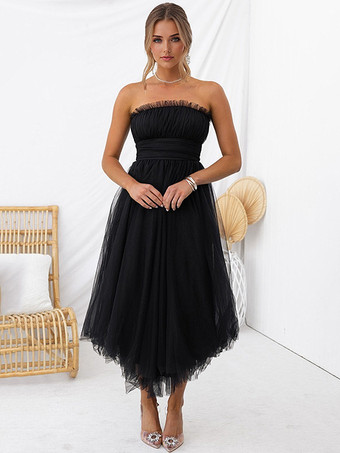 チュール ドレス ストラップレス プリーツ オフショルダー レイヤード プロム ミディドレス