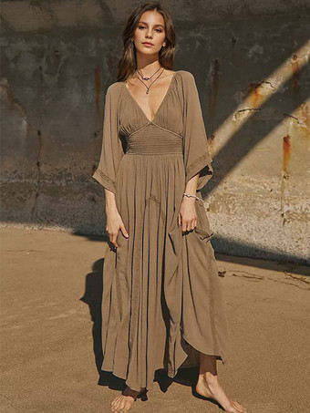 ボヘミアンドレス プリーツ Vネック 七分袖 ビーチ マキシドレス