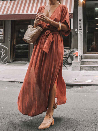 ブリックレッドボヘミアンドレス プランジ ハーフスリーブ ベルト付き サマービーチ マキシドレス